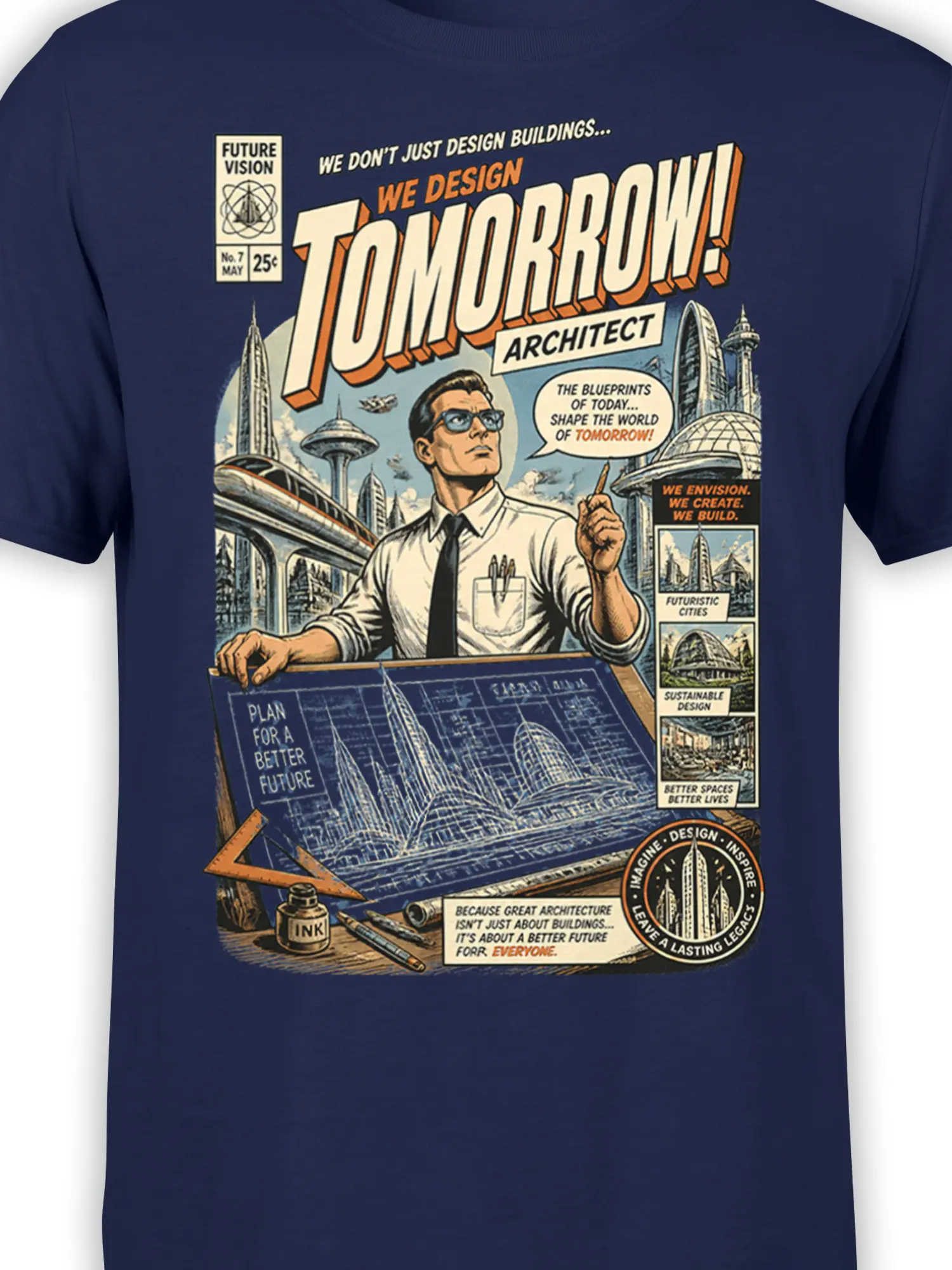 Close-up of architect illustration, futuristic buildings, blueprint details, and bold lettering on navy fabric