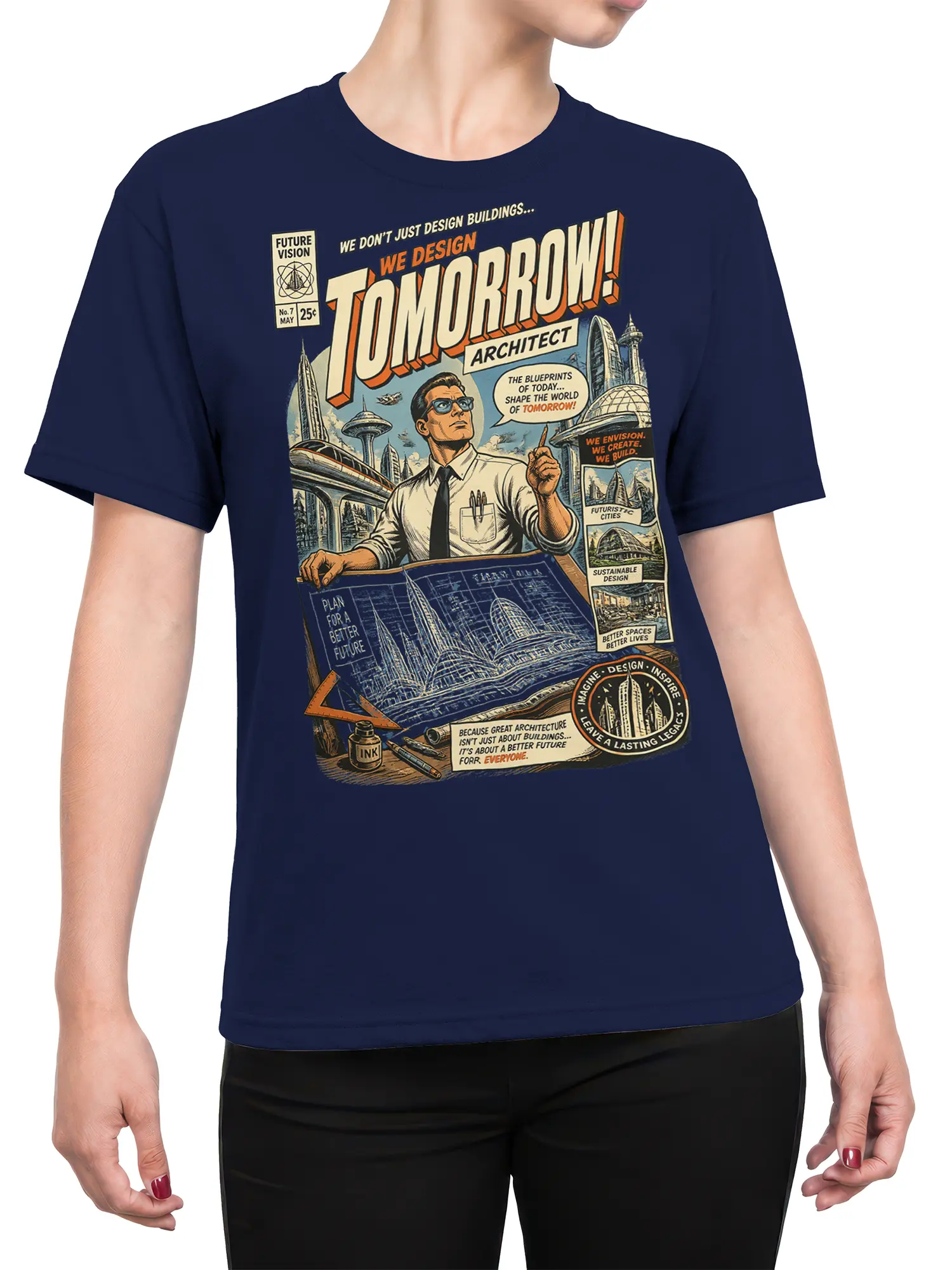 Female torso wearing a navy architect T-shirt with futuristic city artwork and vintage comic lettering