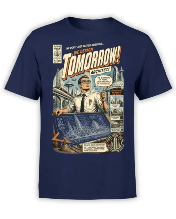 Retro architect design with futuristic city, blueprints, and Tomorrow lettering on a navy T-shirt