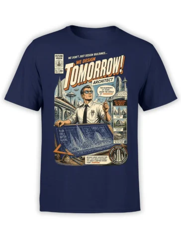 Retro architect design with futuristic city, blueprints, and Tomorrow lettering on a navy T-shirt