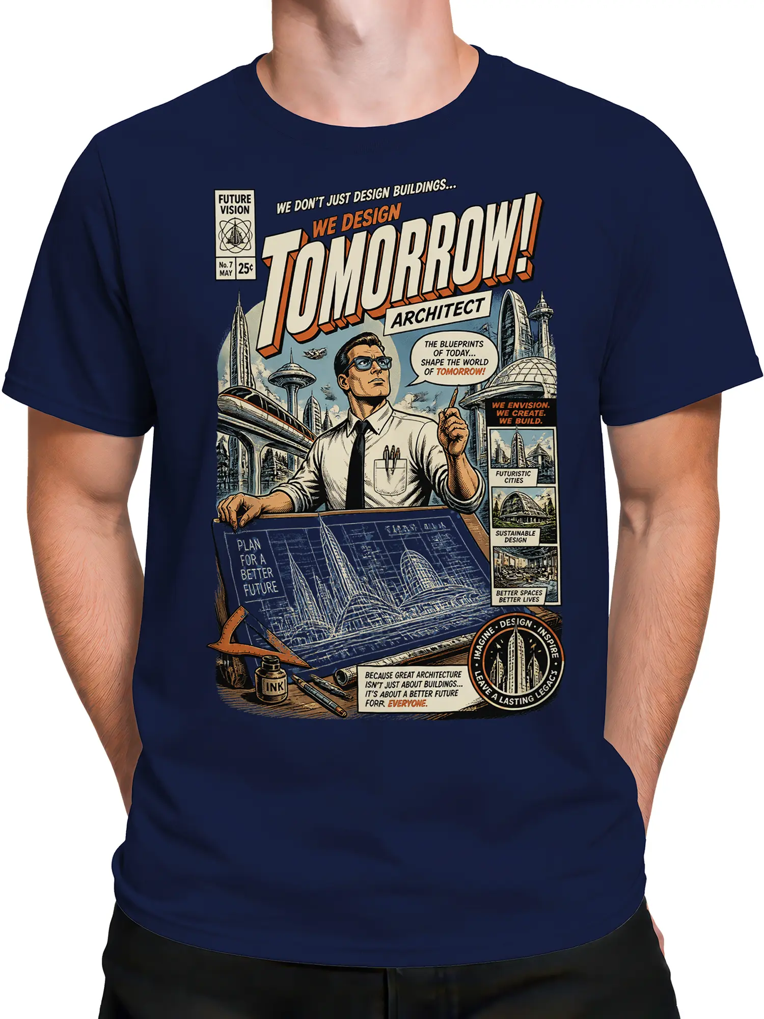 Male torso wearing a navy architect T-shirt with blueprint and futuristic city graphic