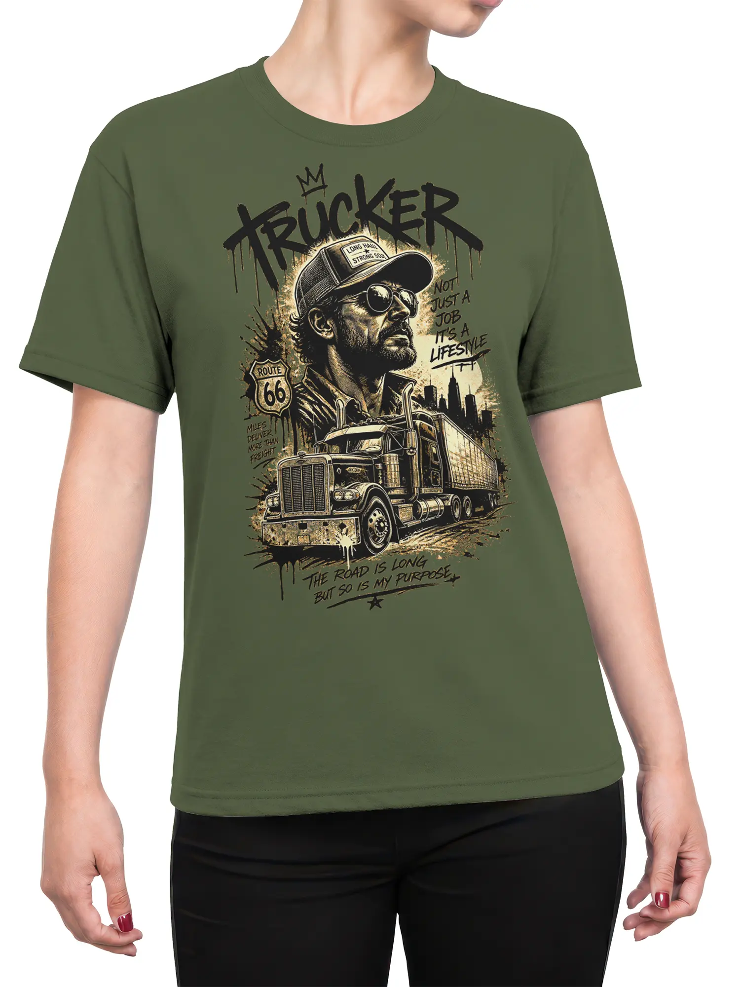 Female torso wearing a green long haul trucker T-shirt with a vintage semi truck and Route 66 graphic