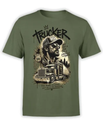 Green long haul trucker T-shirt with bearded driver, semi truck, Route 66, and vintage Americana graphic