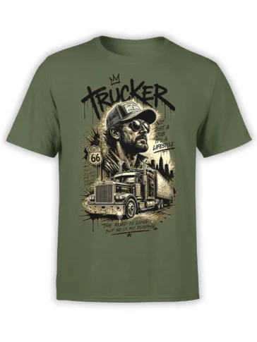 Green long haul trucker T-shirt with bearded driver, semi truck, Route 66, and vintage Americana graphic