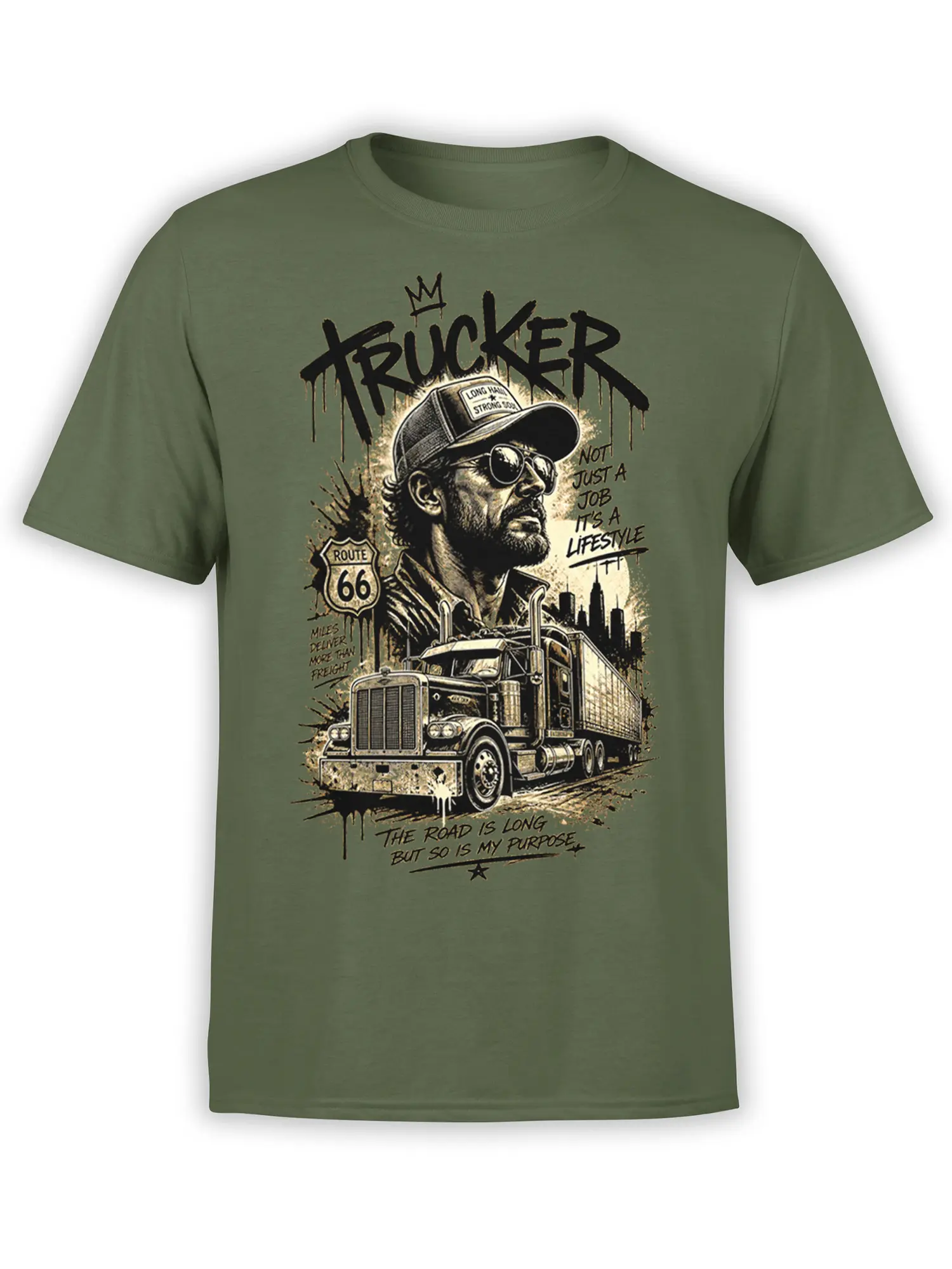 Green long haul trucker T-shirt with bearded driver, semi truck, Route 66, and vintage Americana graphic