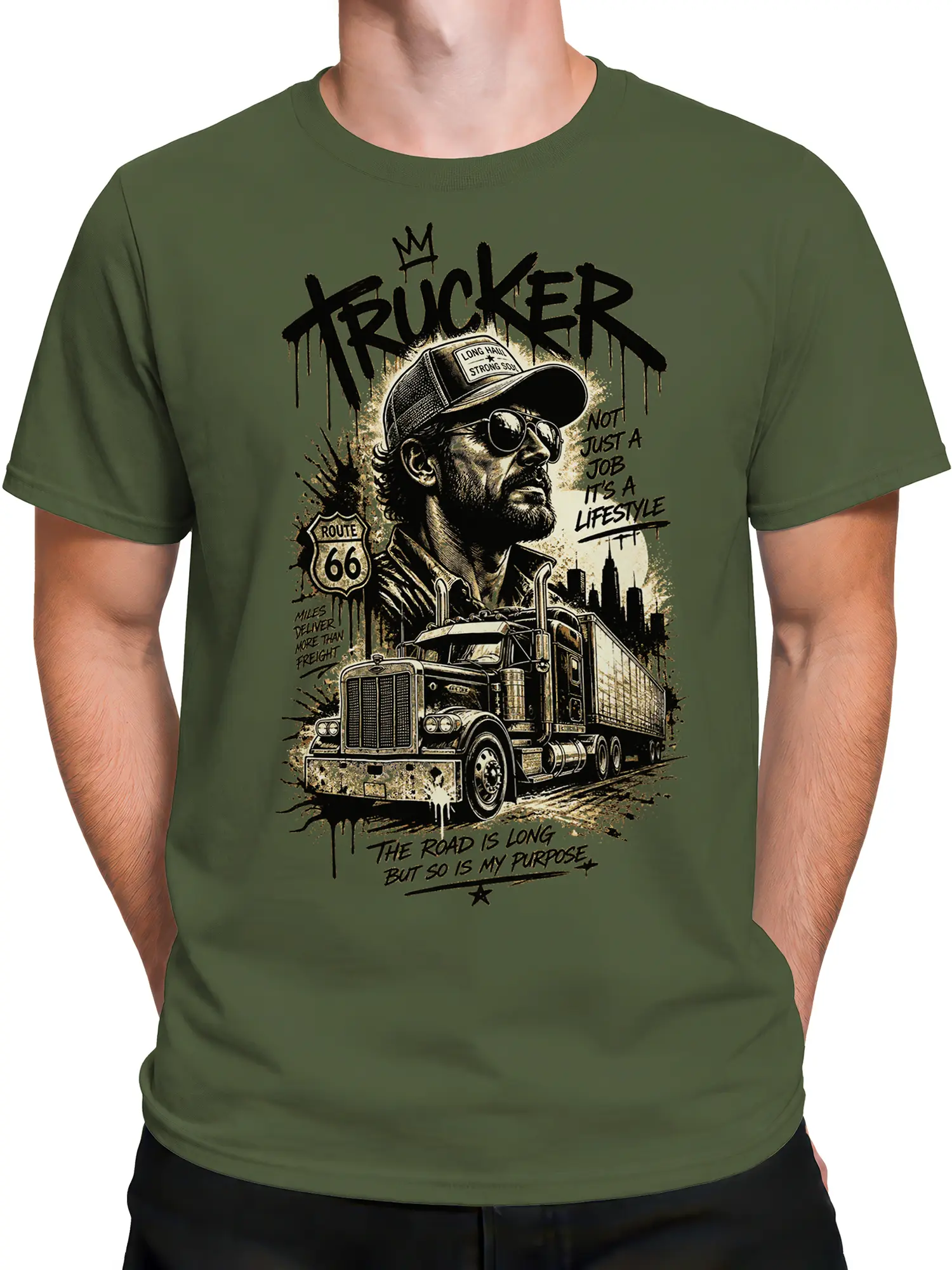 Male torso wearing a green long haul trucker T-shirt with bearded driver and semi truck graphic