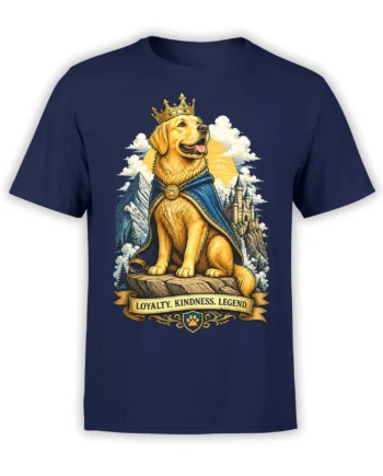 Regal golden retriever wearing a crown and blue cape on a navy T-shirt with a loyalty banner