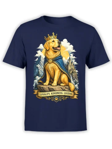 Regal golden retriever wearing a crown and blue cape on a navy T-shirt with a loyalty banner