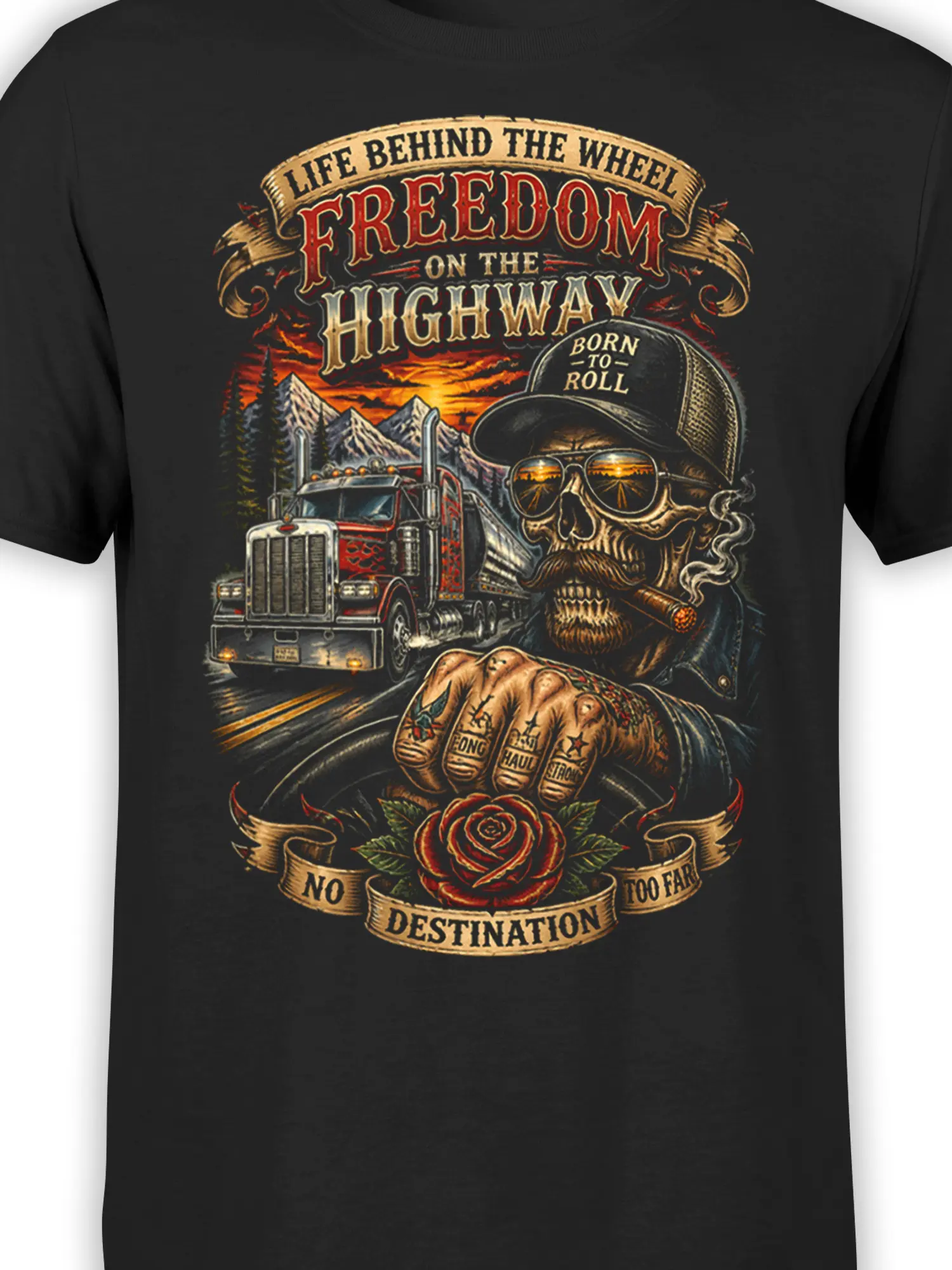 Close-up of skeleton trucker artwork with sunglasses, cigar, semi truck, mountains, and Born to Roll text