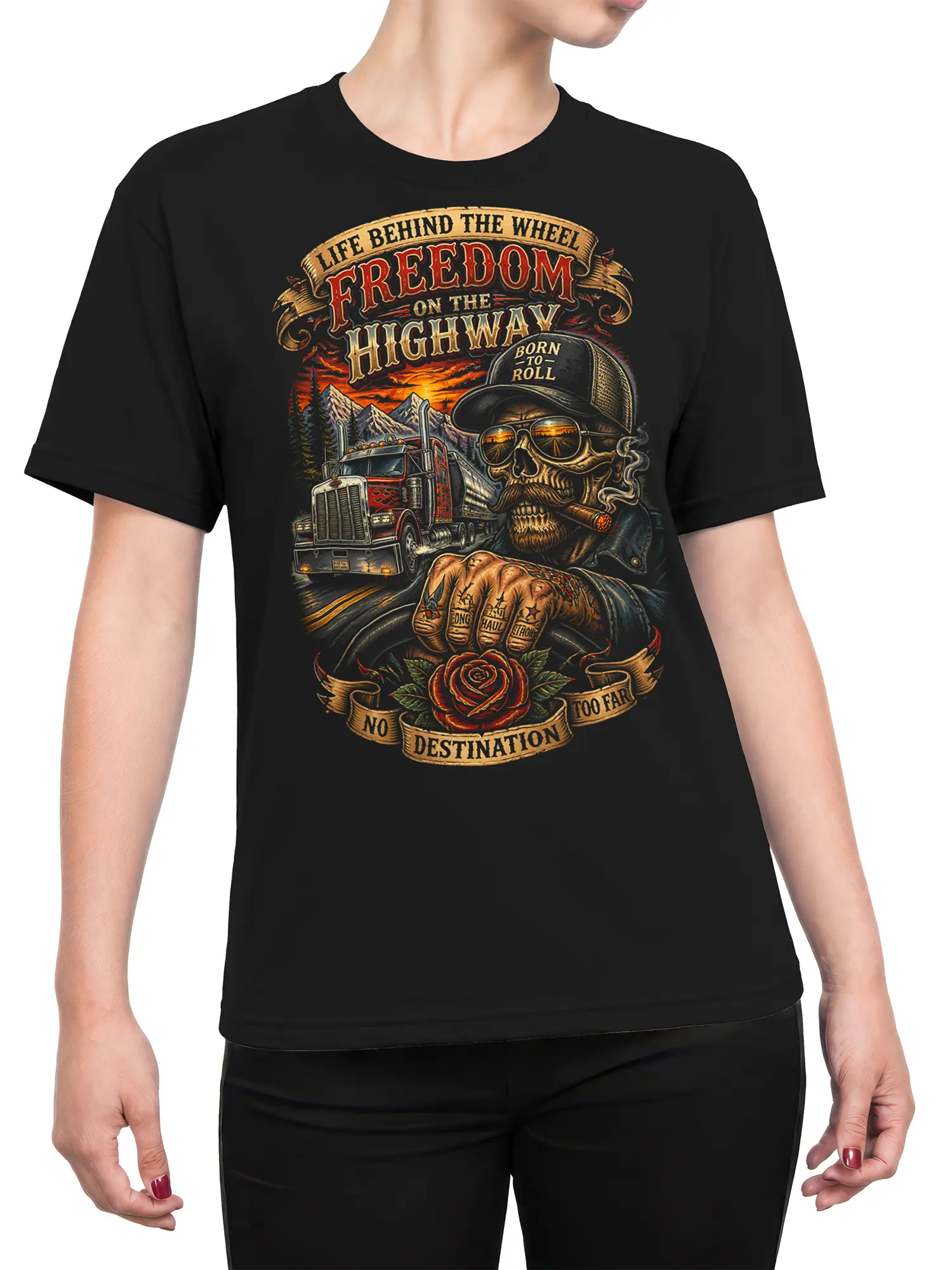 Female torso wearing a black T-shirt with skeleton trucker and Freedom on the Highway graphic
