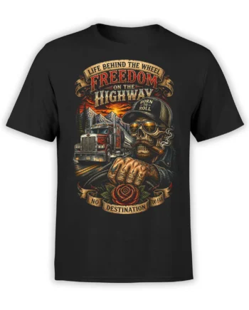 Black T-shirt with vintage skeleton trucker, semi truck, mountain sunset, and Freedom on the Highway artwork