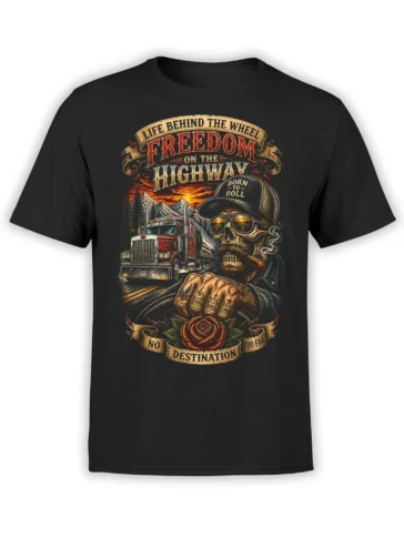 Black T-shirt with vintage skeleton trucker, semi truck, mountain sunset, and Freedom on the Highway artwork