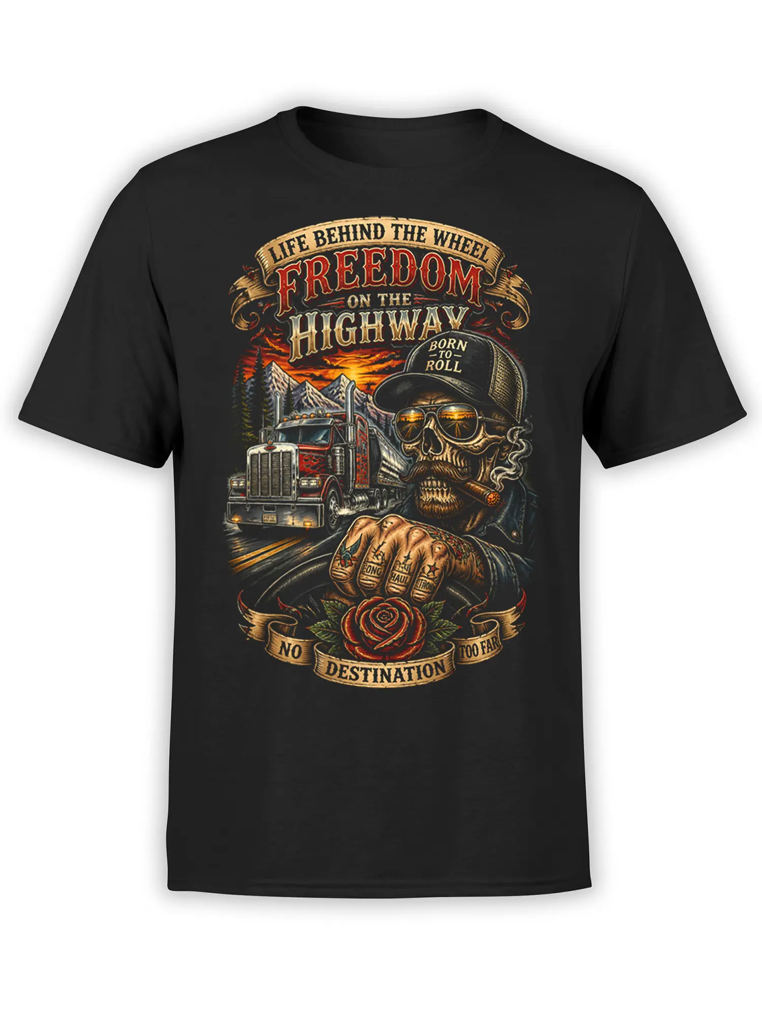 Black T-shirt with vintage skeleton trucker, semi truck, mountain sunset, and Freedom on the Highway artwork