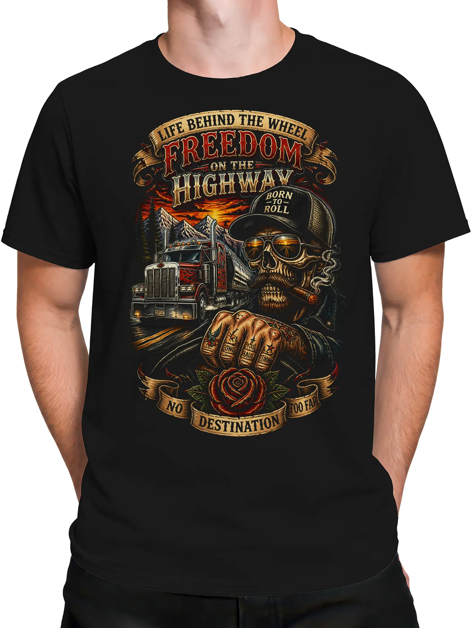 Male torso wearing black skeleton trucker T-shirt with semi truck and mountain sunset graphic