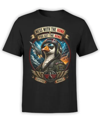 Military-style goose in sunglasses and flight gear on a black T-shirt with bold honk warning slogans