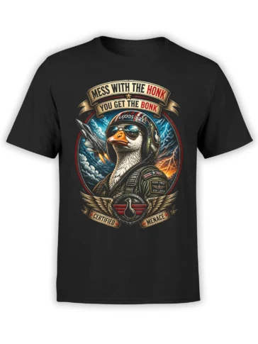 Military-style goose in sunglasses and flight gear on a black T-shirt with bold honk warning slogans