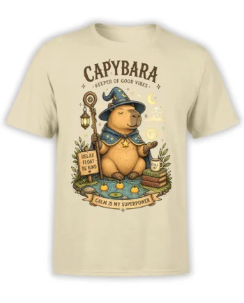 Wizard capybara t-shirt on beige fabric with a pond, lantern, moon, and calm is my superpower artwork