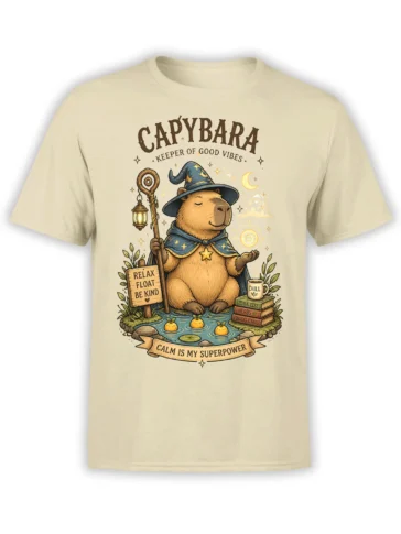 Wizard capybara t-shirt on beige fabric with a pond, lantern, moon, and calm is my superpower artwork