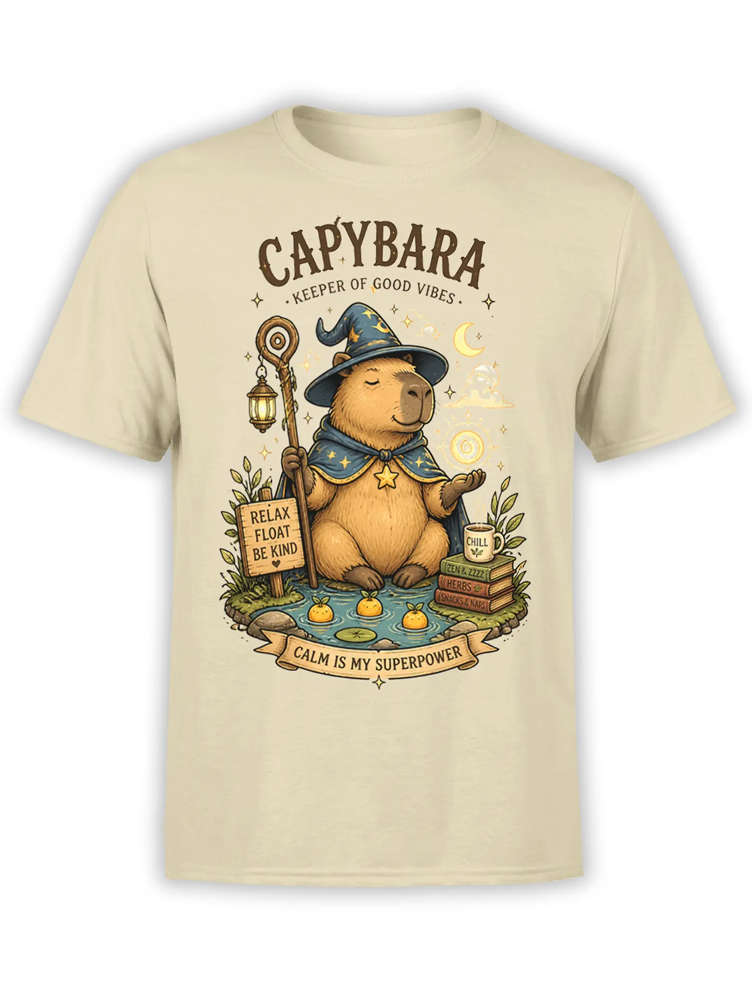 Wizard capybara t-shirt on beige fabric with a pond, lantern, moon, and calm is my superpower artwork