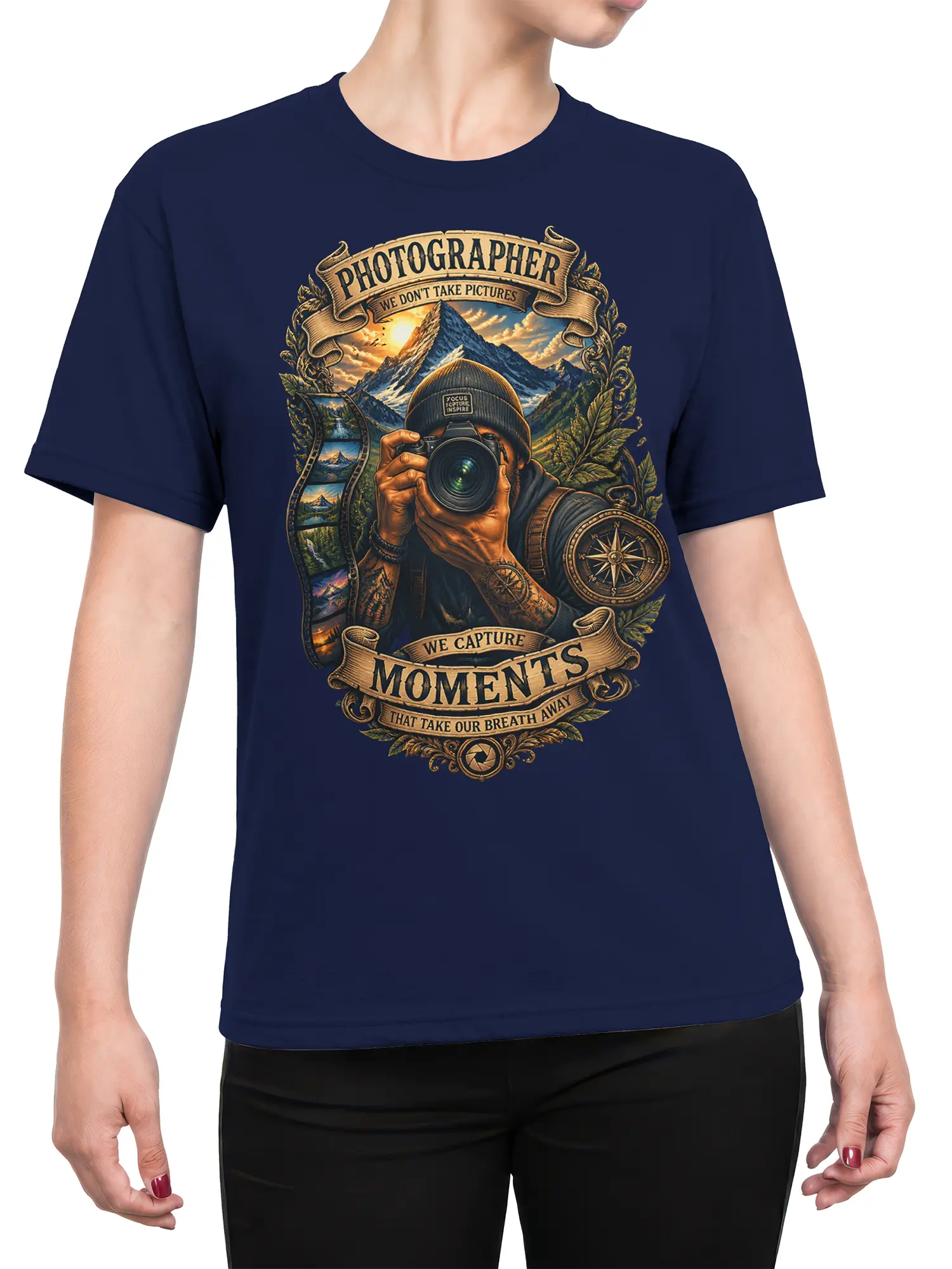 Female torso wearing navy photographer T-shirt with camera, mountain, compass, and vintage graphic design