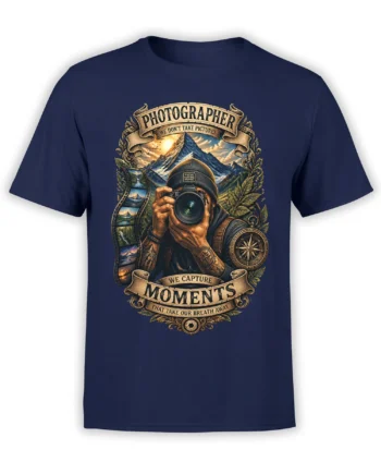 Vintage photographer graphic tee in navy with camera, mountain landscape, film strip, compass, and bold text