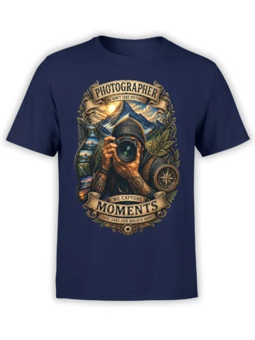 Vintage photographer graphic tee in navy with camera, mountain landscape, film strip, compass, and bold text