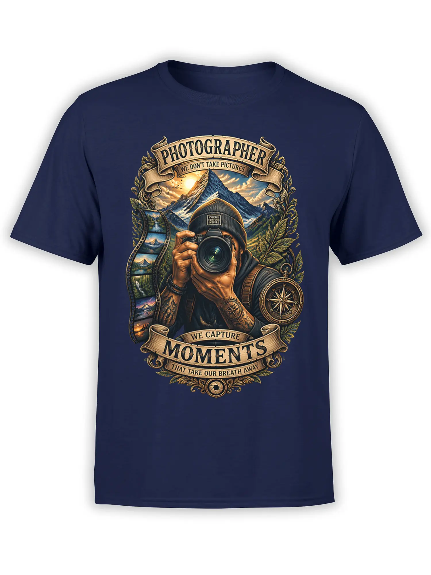Vintage photographer graphic tee in navy with camera, mountain landscape, film strip, compass, and bold text