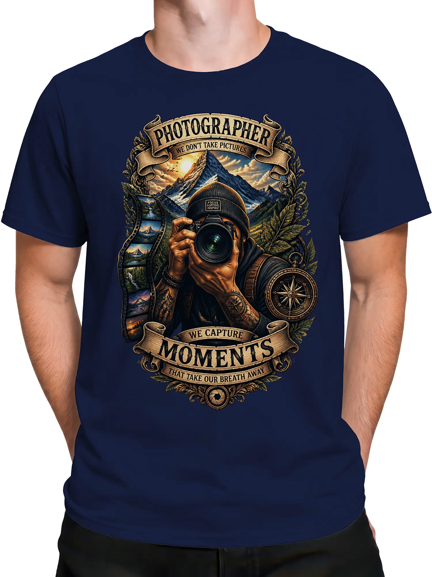 Male torso wearing navy photographer T-shirt with mountain camera graphic and capture moments lettering