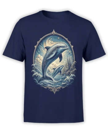 Two dolphins leap through moonlit waves on a navy dolphin t-shirt with ornate vintage artwork