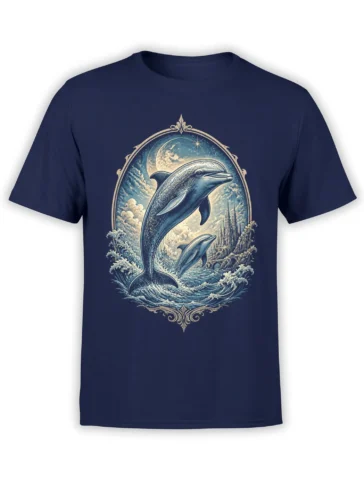 Two dolphins leap through moonlit waves on a navy dolphin t-shirt with ornate vintage artwork