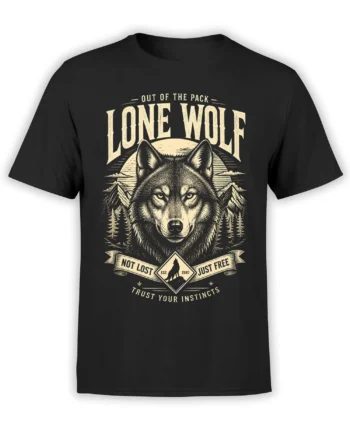 Black wolf T-shirt with vintage cream mountain artwork, pine trees, banners, and “Lone Wolf” lettering
