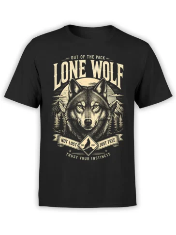 Black wolf T-shirt with vintage cream mountain artwork, pine trees, banners, and “Lone Wolf” lettering