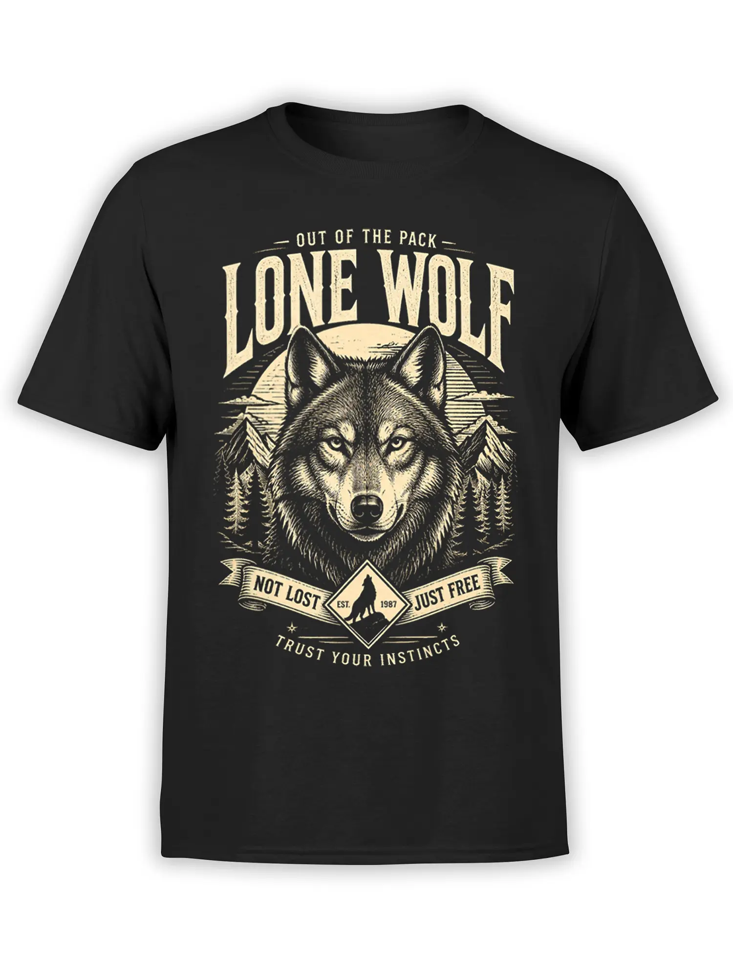 Black wolf T-shirt with vintage cream mountain artwork, pine trees, banners, and “Lone Wolf” lettering