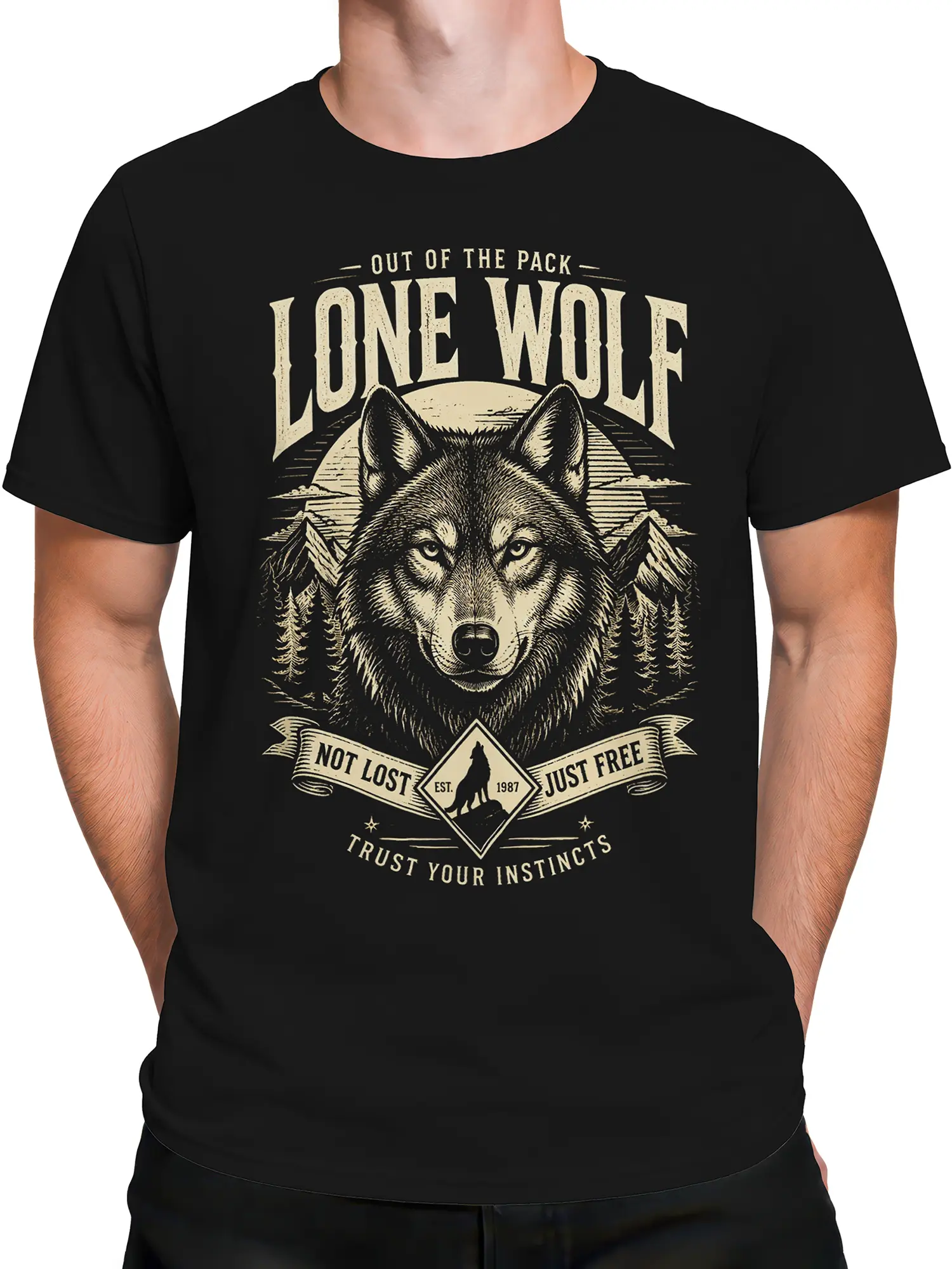 Male torso wearing a black wolf T-shirt with a detailed cream forest and mountain design