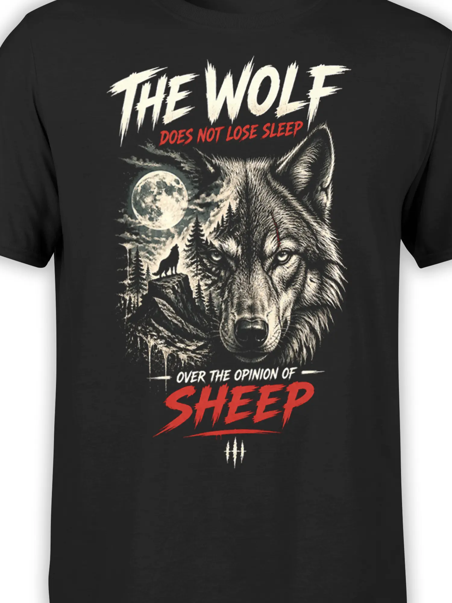 Close-up of wolf face, full moon, forest, and distressed lettering on a black wolf graphic tee