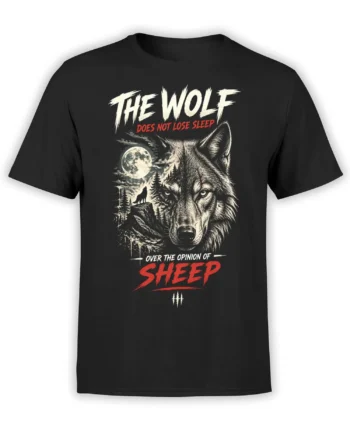 Black wolf T-shirt with full moon forest scene and bold text about ignoring the opinion of sheep