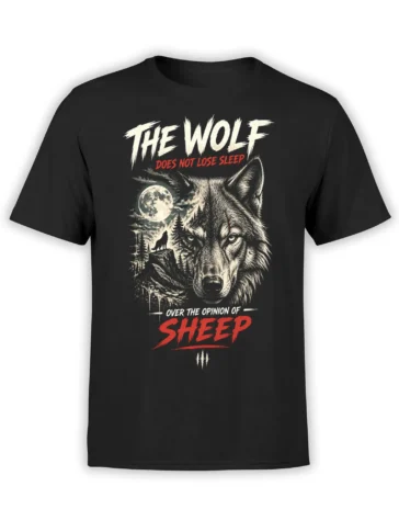 Black wolf T-shirt with full moon forest scene and bold text about ignoring the opinion of sheep