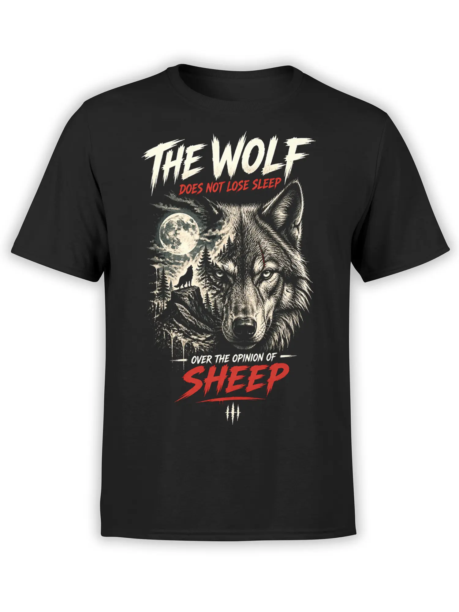Black wolf T-shirt with full moon forest scene and bold text about ignoring the opinion of sheep