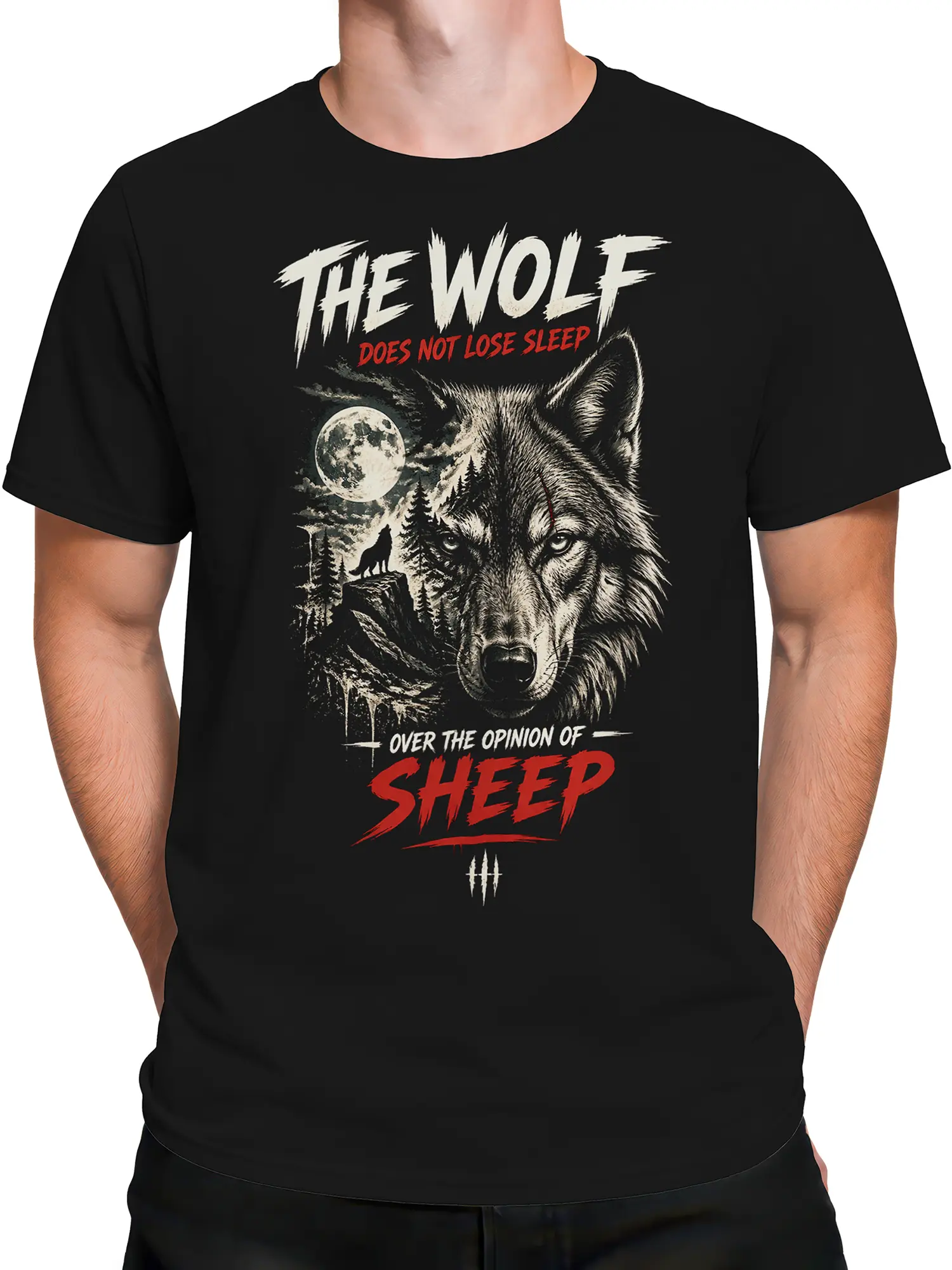 Male torso wearing a black wolf T-shirt with full moon artwork and anti-conformist forest message