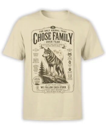 vintage wolf family graphic with loyalty message printed on a beige T-shirt