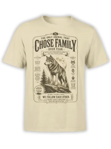 vintage wolf family graphic with loyalty message printed on a beige T-shirt