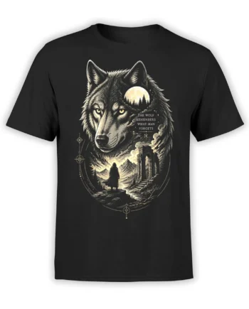 Black wolf T-shirt with moonlit forest, ancient ruins, mountains, and the words The Wolf Remembers