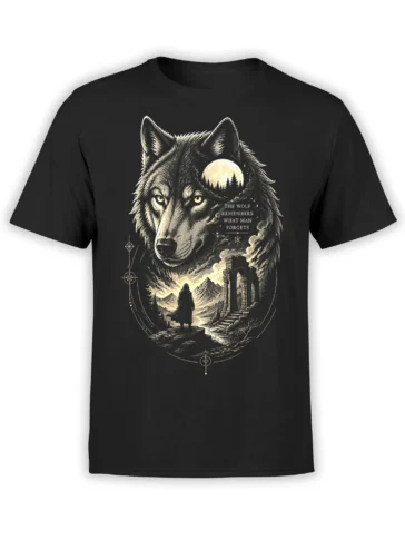 Black wolf T-shirt with moonlit forest, ancient ruins, mountains, and the words The Wolf Remembers
