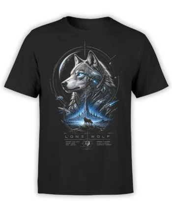 Futuristic lone wolf graphic with blue cybernetic details and a glowing landscape on a black T-shirt