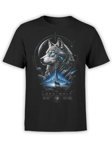 Futuristic lone wolf graphic with blue cybernetic details and a glowing landscape on a black T-shirt
