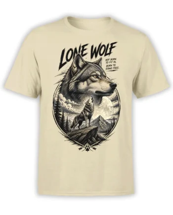 Beige T-shirt featuring a lone wolf, howling wolf, mountains, full moon, and bold freedom lettering