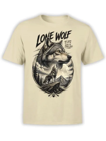 Beige T-shirt featuring a lone wolf, howling wolf, mountains, full moon, and bold freedom lettering