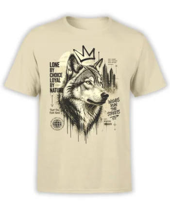 Beige wolf t-shirt with crowned wolf portrait, city skyline, and Lone by Choice lettering