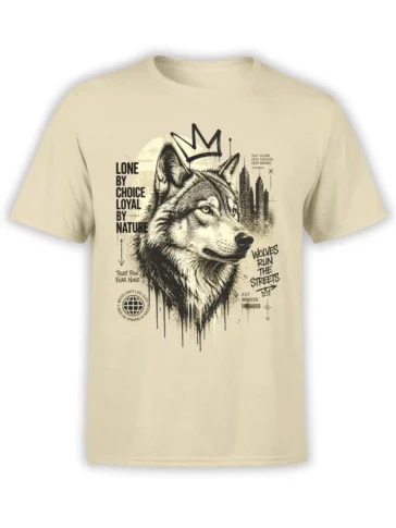 Beige wolf t-shirt with crowned wolf portrait, city skyline, and Lone by Choice lettering