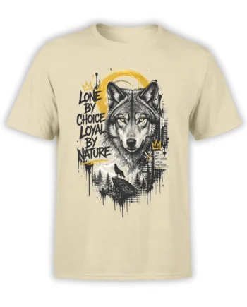 Beige wolf T-shirt with golden-eyed wolf, forest artwork, crowns, and the words Lone by Choice, Loyal by Nature